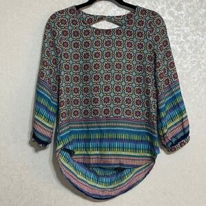 Meraki Fair‎ Isle Geometric Boho Print Blouse Keyhole Back 3/4 Sleeve Colorful S